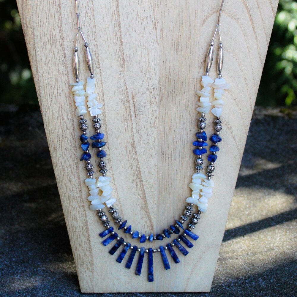 Vintage Southwestern Layered Necklace Sodalite Mother of Pearl Rose Beaded Silve